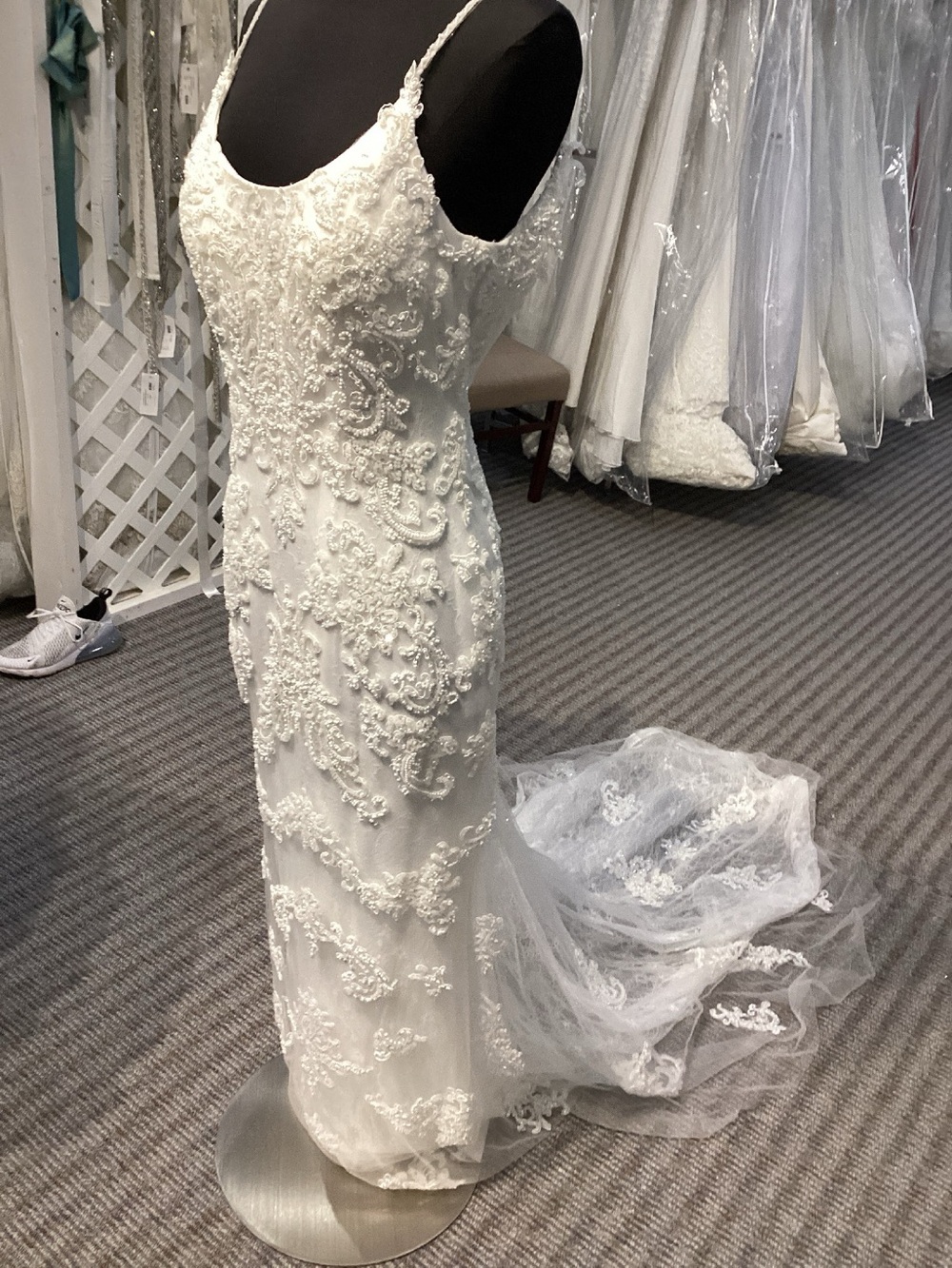 Mon Cheri Ivory Beaded Lace Wedding Dress with Train